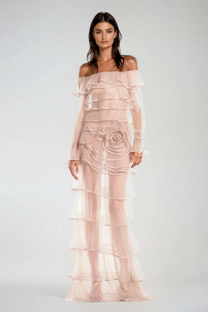 Damion Off Shoulder Flower Ruch Maxi Dress