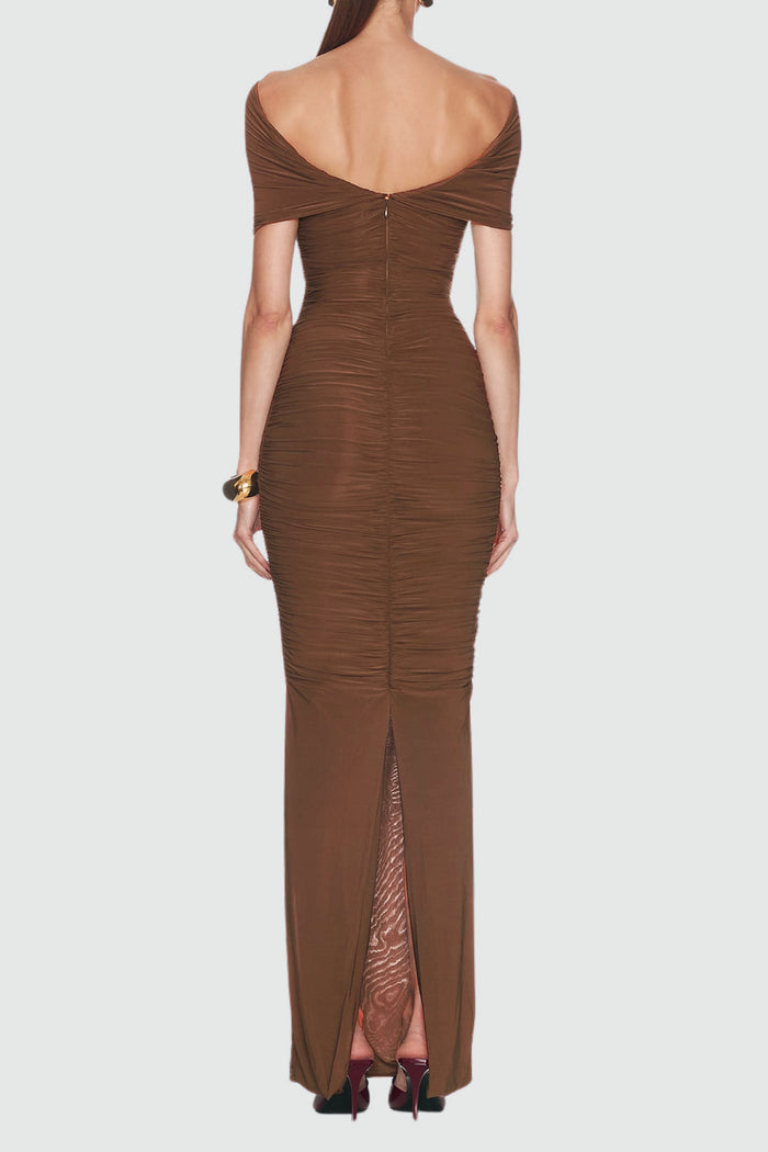 Danai Cutout Ruch Maxi Dress In Brown