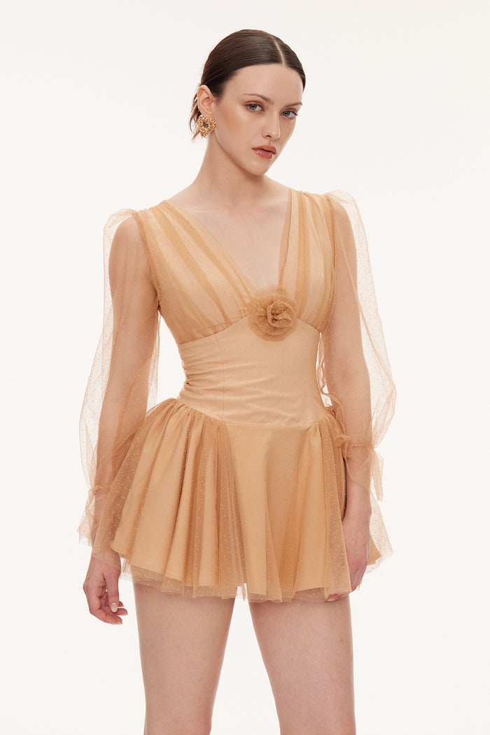 Danyal Flower Balloon Sleeve Mesh Mini Dress