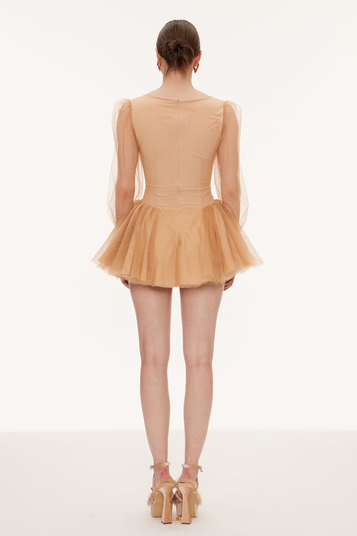 Danyal Flower Balloon Sleeve Mesh Mini Dress