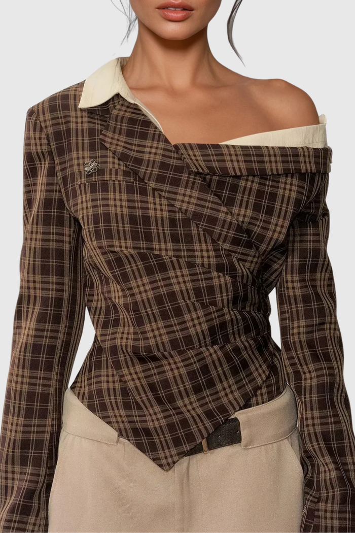 Darko One Shoulder Grid Top In Brown