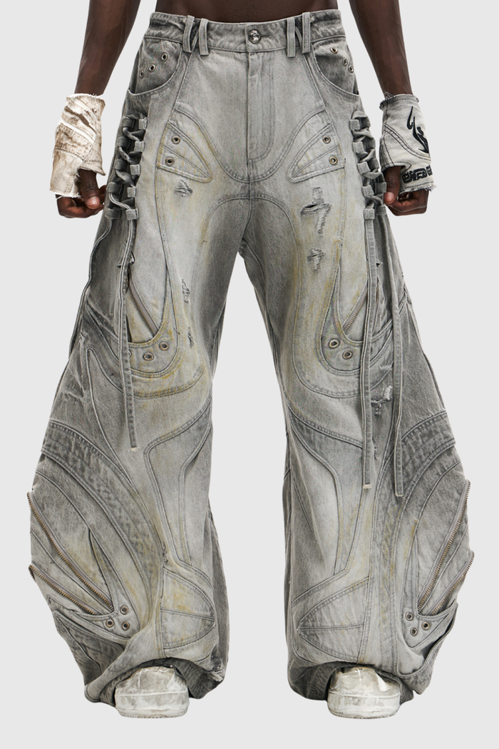Daryl Deconstruct Print Barrel Jeans In Grey
