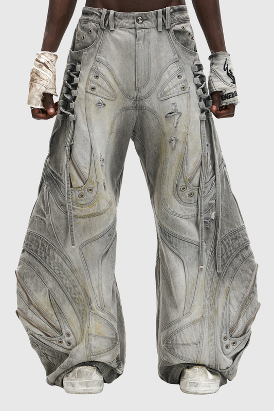 Daryl Deconstruct Print Barrel Jeans In Grey