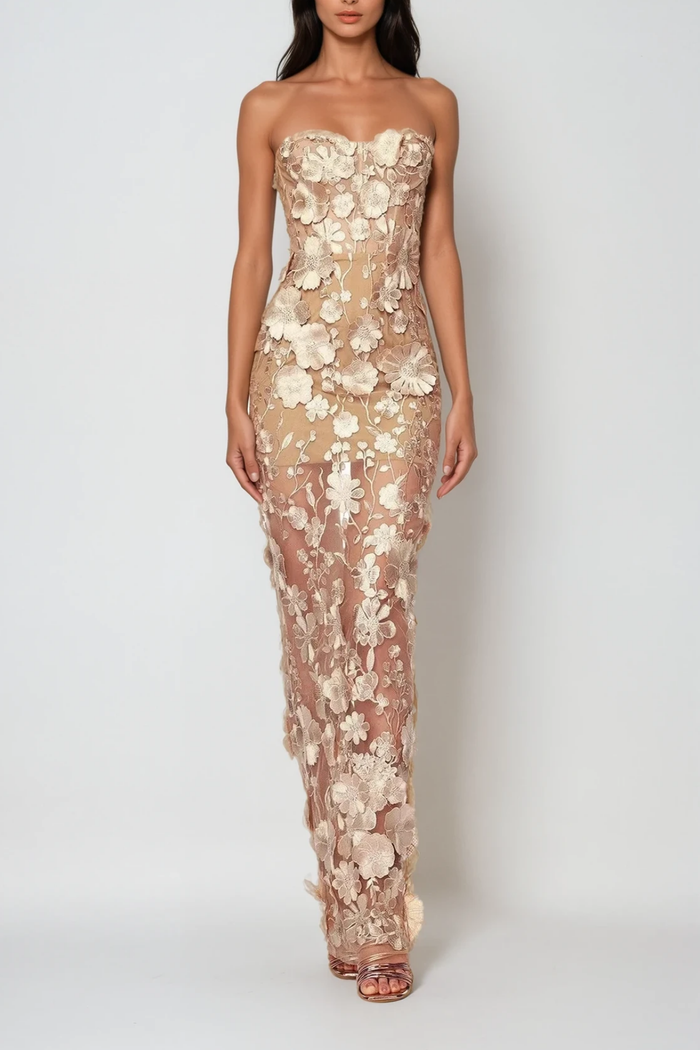 Denica Strapless Flower Maxi Dress