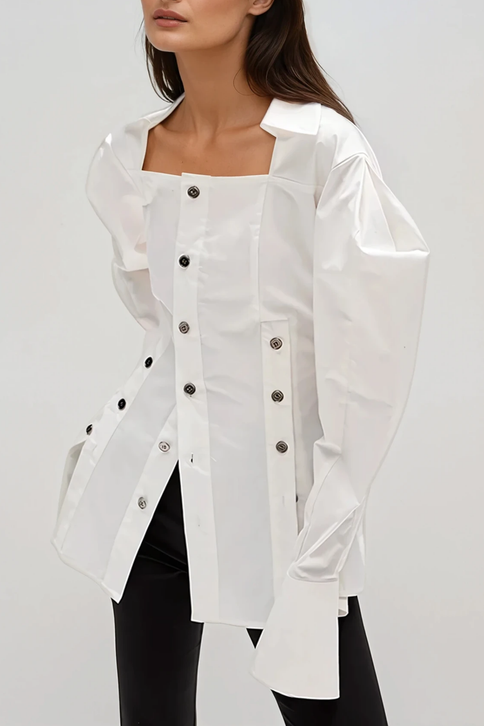 Derick Balloon Sleeve Button Top In White