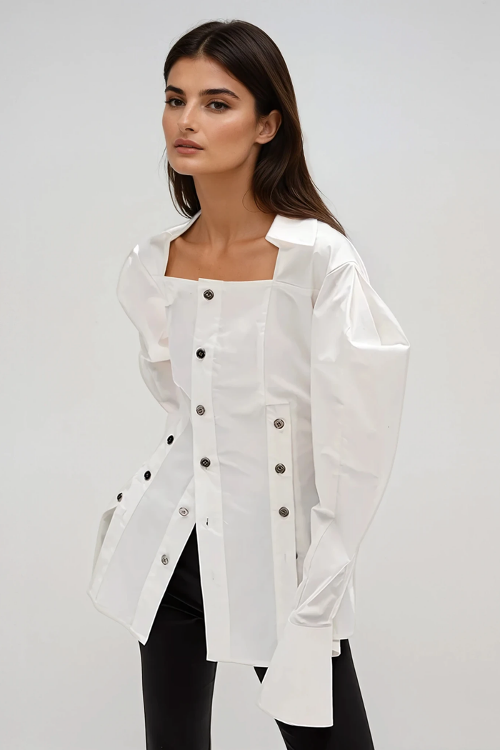 Derick Balloon Sleeve Button Top In White