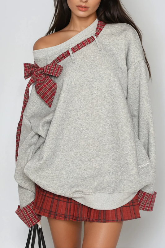 Derrick Grid Bow Asymmetric Top In Grey