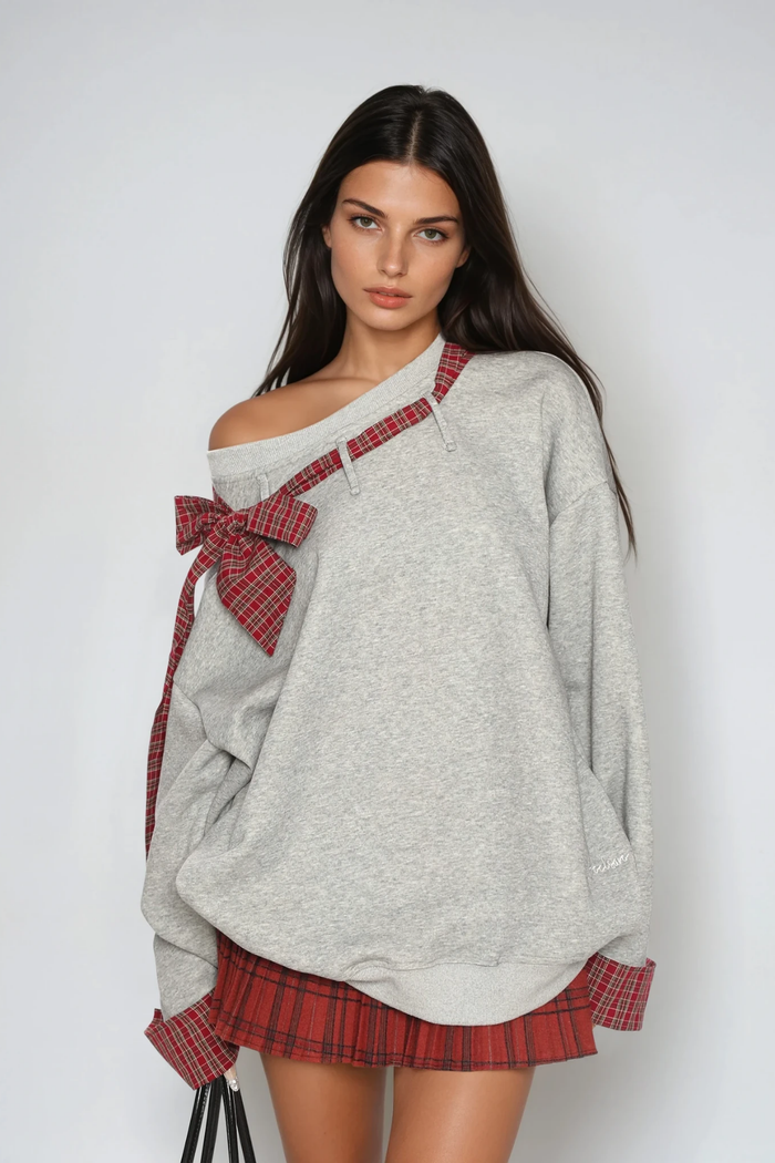 Derrick Grid Bow Asymmetric Top In Grey
