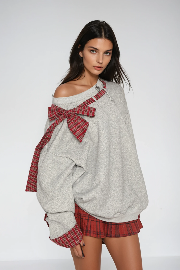 Derrick Grid Bow Asymmetric Top In Grey