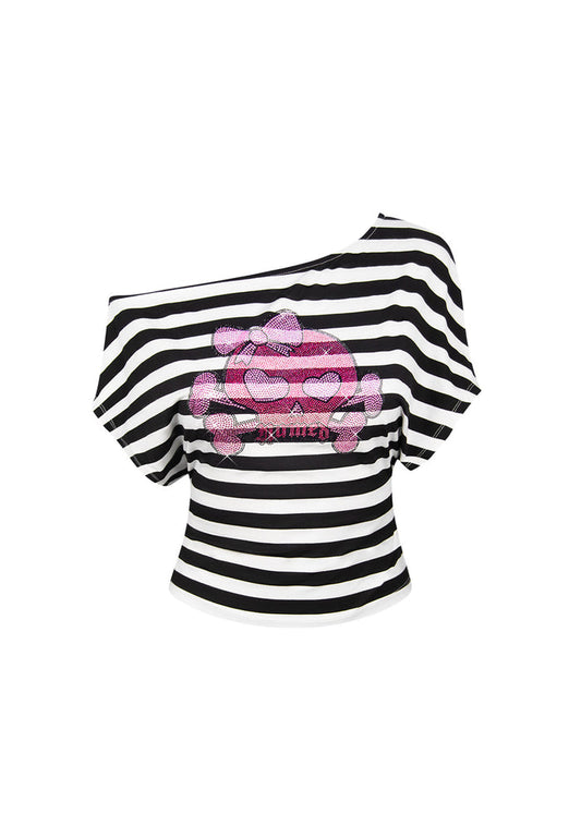 DILEMMA RHINESTONE OFF THE SHOULDER TOP BLACK STRIPE