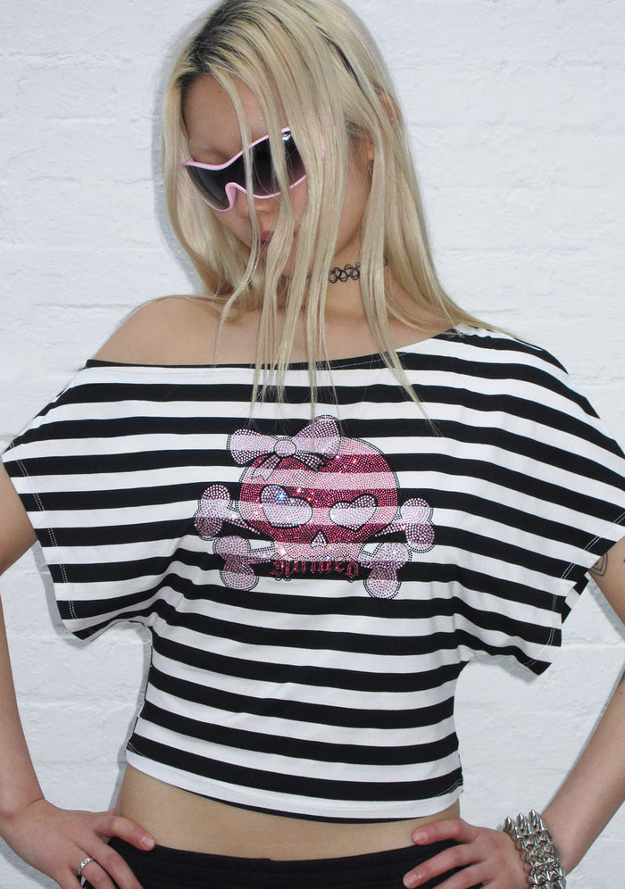 DILEMMA RHINESTONE OFF THE SHOULDER TOP BLACK STRIPE