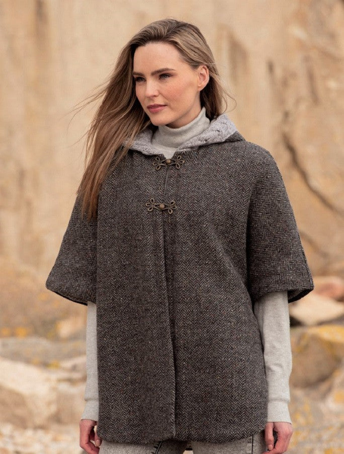 Donegal Tweed Cape with Aran Collar - Charcoal #color_charcoal