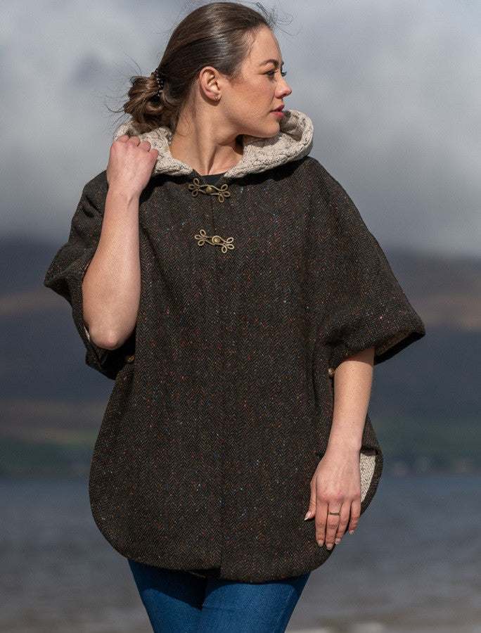 Donegal Tweed Cape with Aran Collar - Army Green #color_army-green