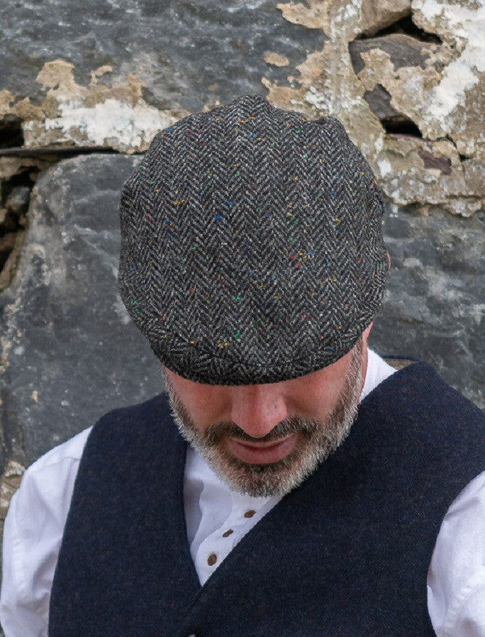 Tweed Herringbone Flat Cap - Charcoal #color_charcoal