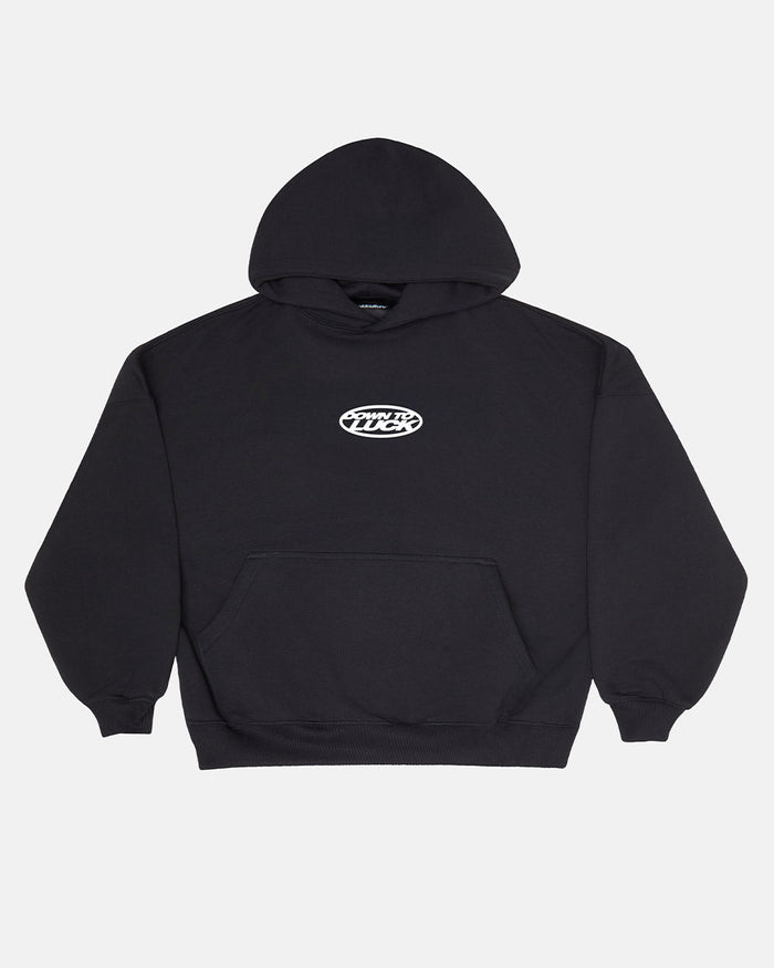 DOWN TO LUCK HOODIE BLACK AND WHITE - black graphic print hoodie, front view - Cold Culture