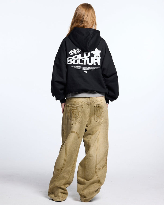 DOWN TO LUCK HOODIE BLACK AND WHITE - black graphic print hoodie, back view on female model - Cold Culture #woman