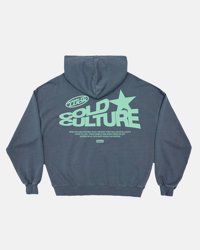 DOWN TO LUCK HOODIE - washed navy graphic print hoodie, back view - Cold Culture