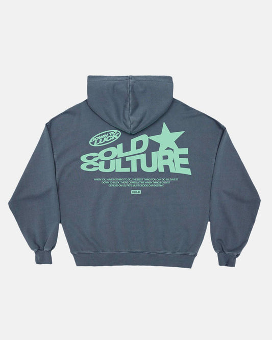 DOWN TO LUCK HOODIE - washed navy graphic print hoodie, back view - Cold Culture