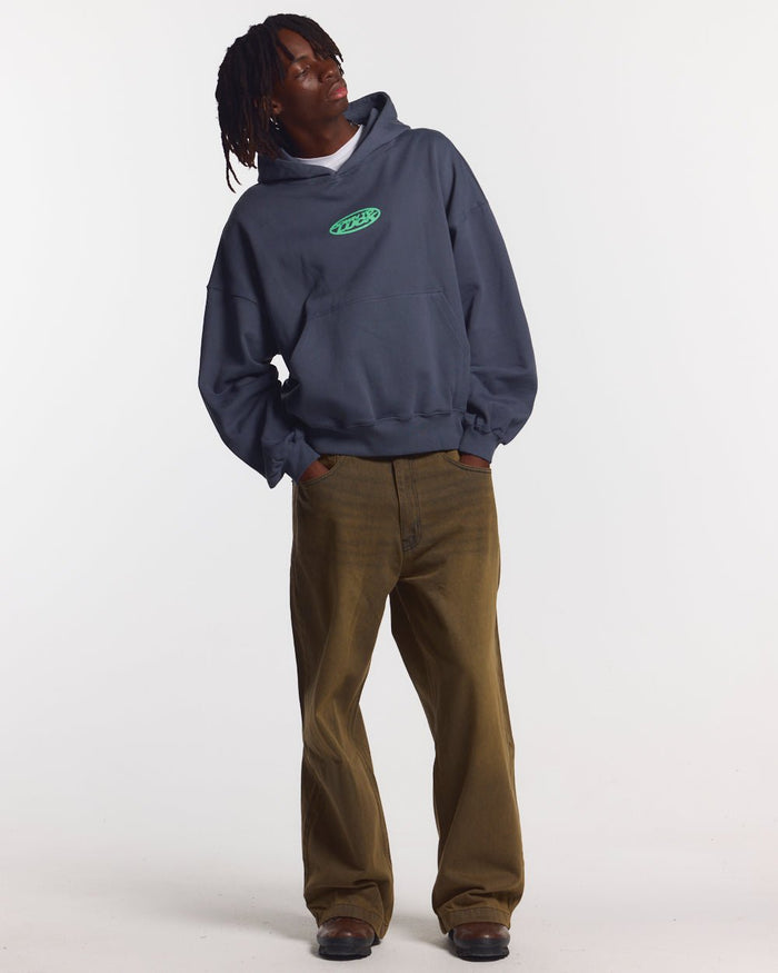 DOWN TO LUCK HOODIE - washed navy graphic print hoodie, front view on male model - Cold Culture #man