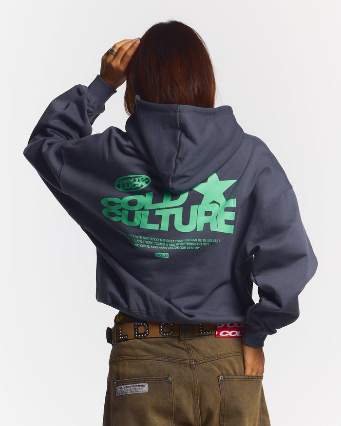 DOWN TO LUCK HOODIE - washed navy graphic print hoodie, back view on female model - Cold Culture #woman