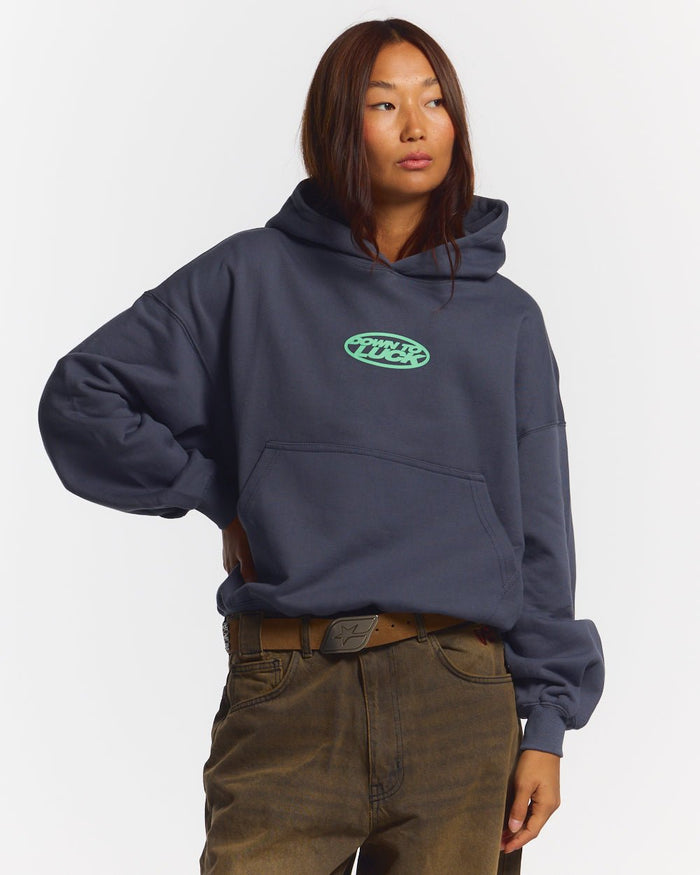 DOWN TO LUCK HOODIE - washed navy graphic print hoodie, front view on female model - Cold Culture #woman