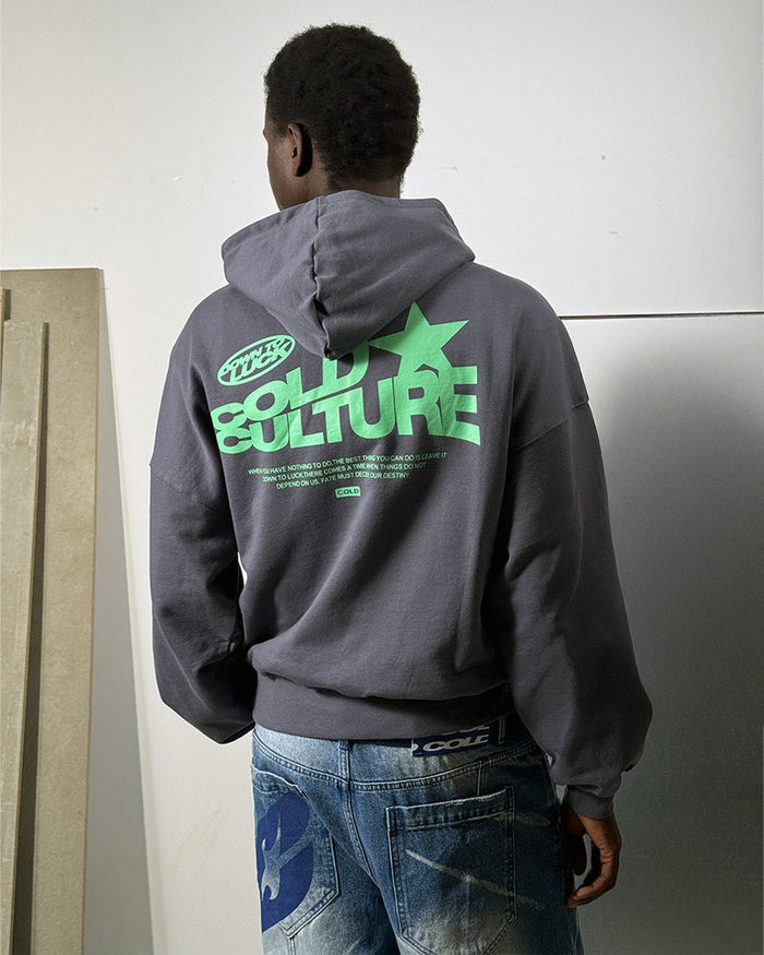 DOWN TO LUCK HOODIE - washed navy graphic print hoodie, back view on male model - Cold Culture