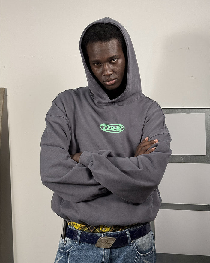 DOWN TO LUCK HOODIE - washed navy graphic print hoodie, front view on male model - Cold Culture