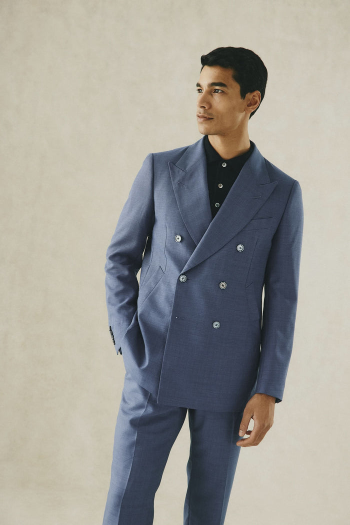 Drummond Wool Basketweave Double Breasted Jacket Blue