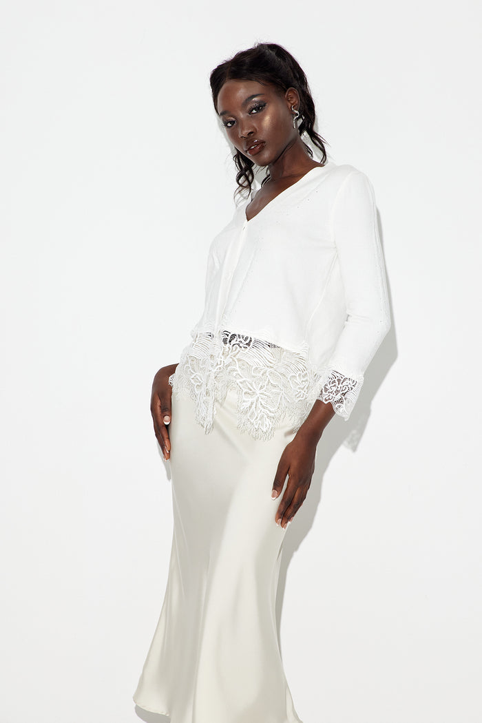 Eadred Lace Plunge Knit Top In White