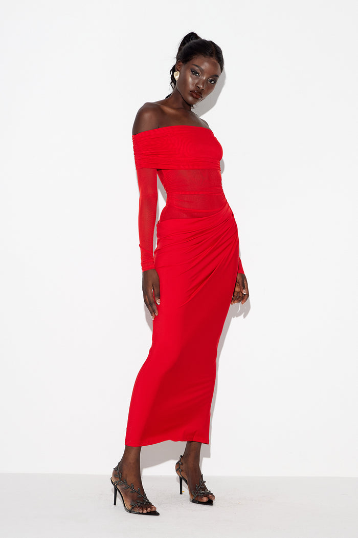 Earline Off Shoulder Ruch Mesh Maxi Dress In Red