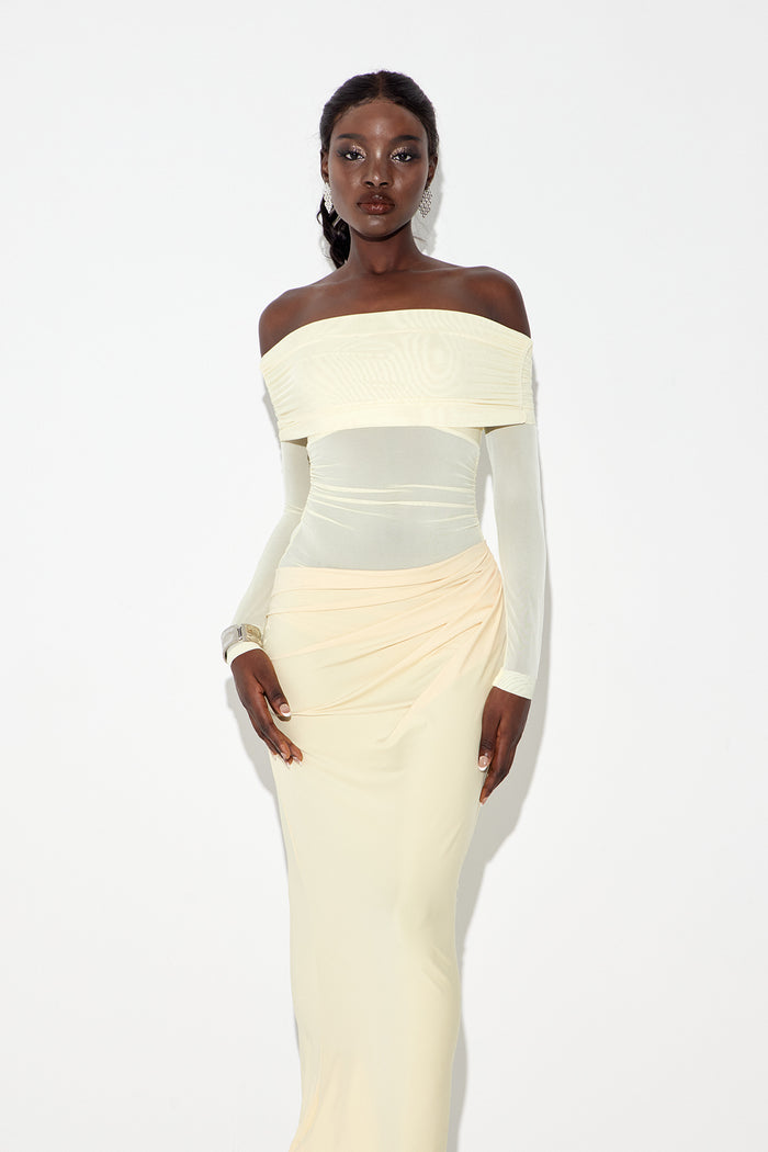 Earline Off Shoulder Ruch Mesh Maxi Dress In Yellow