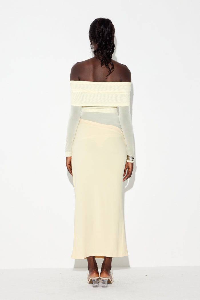 Earline Off Shoulder Ruch Mesh Maxi Dress In Yellow