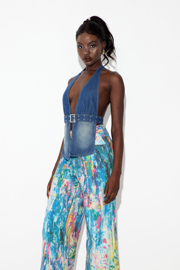 Eberhard Buckle Halter Neck Denim Top