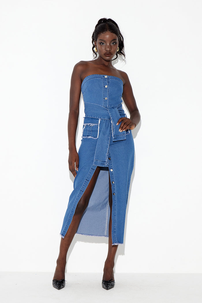 Eberwin Strapless Bodycon Denim Midi Dress