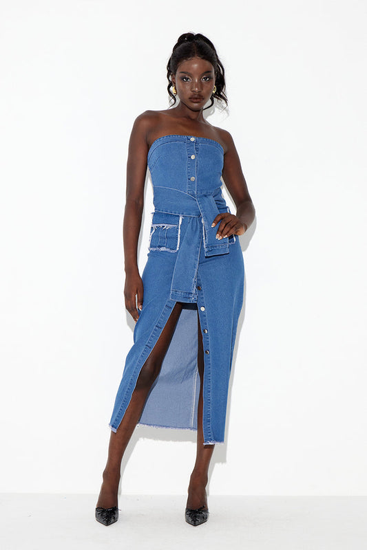 Eberwin Strapless Bodycon Denim Midi Dress
