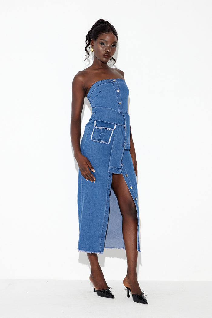 Eberwin Strapless Bodycon Denim Midi Dress