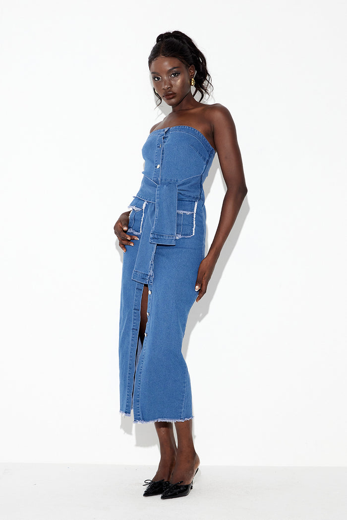Eberwin Strapless Bodycon Denim Midi Dress