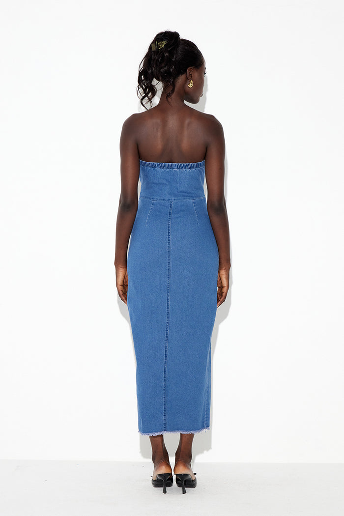 Eberwin Strapless Bodycon Denim Midi Dress