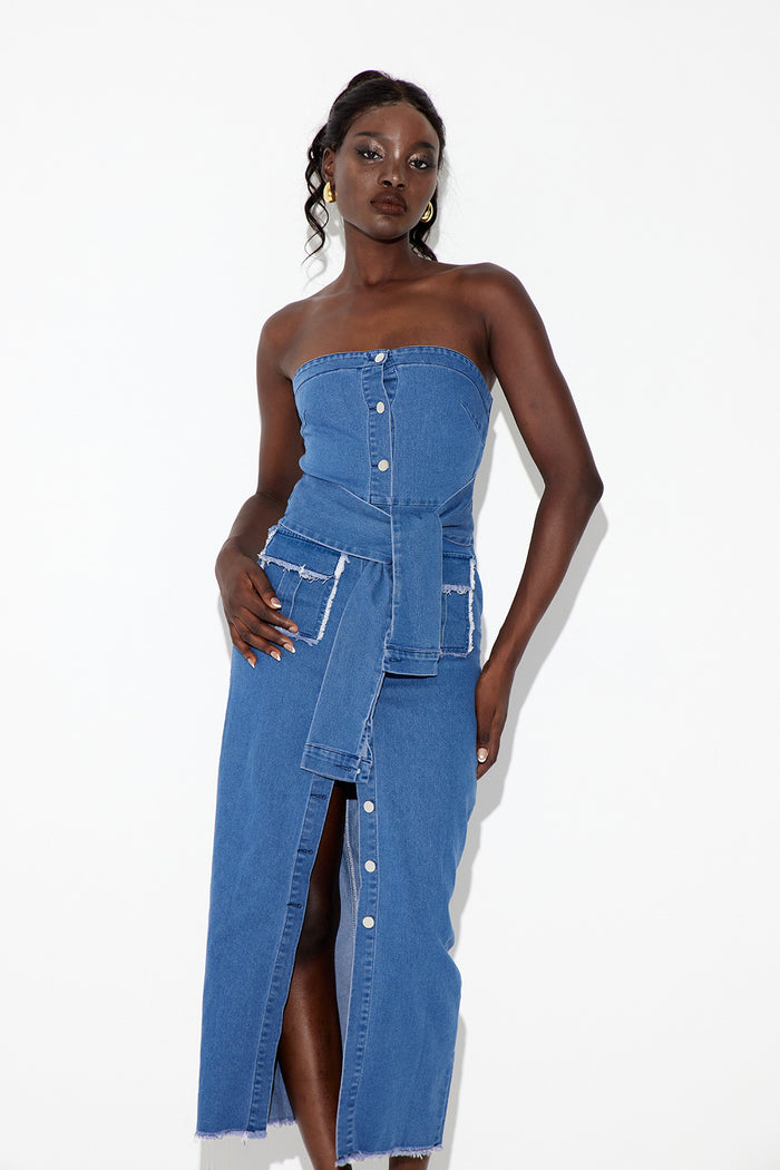 Eberwin Strapless Bodycon Denim Midi Dress