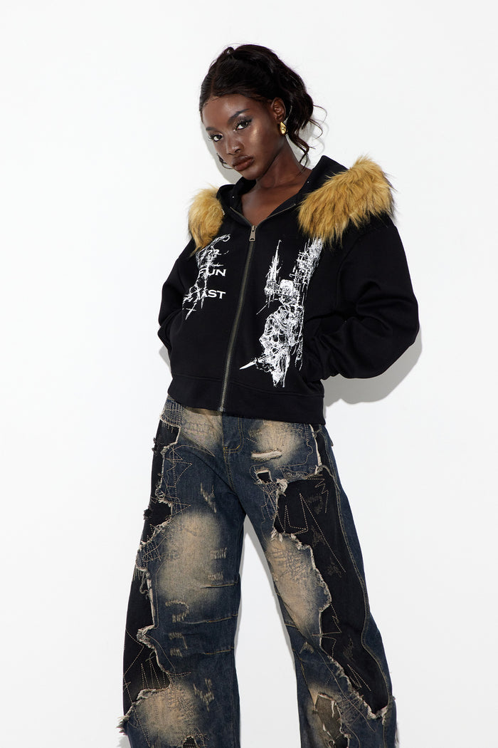 Ebubekir Faux Fur Print Hooded Jacket
