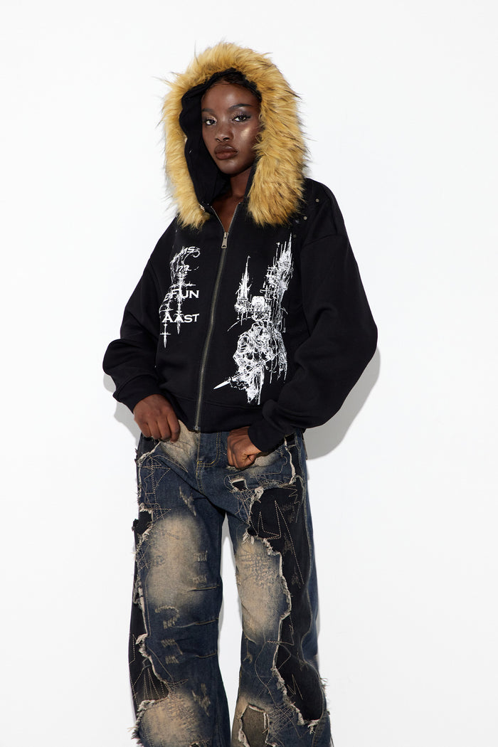 Ebubekir Faux Fur Print Hooded Jacket