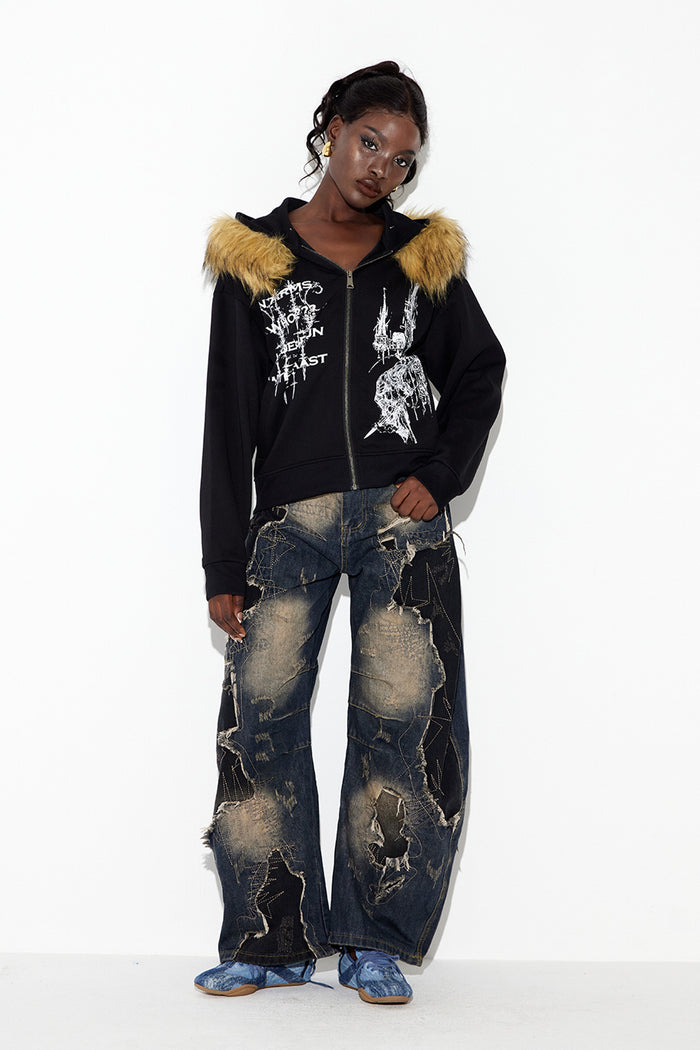 Ebubekir Faux Fur Print Hooded Jacket