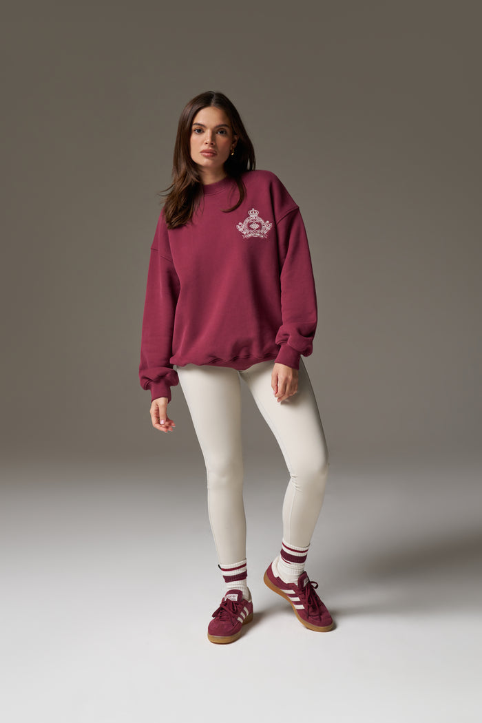 EMBROIDERED CREST OVERSIZED SWEATSHIRT - BURGUNDY