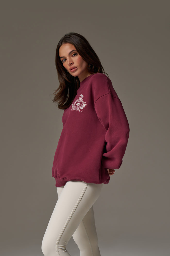 EMBROIDERED CREST OVERSIZED SWEATSHIRT - BURGUNDY