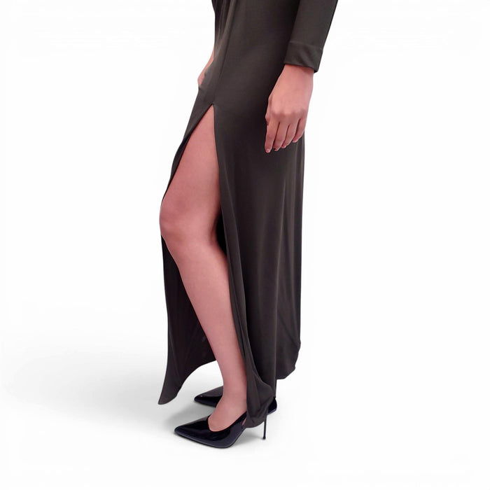 EMILIO PUCCI OLIVE GREEN DRAPED DRESS WITH GOLD EMBLEM DETAIL - SIZE 6