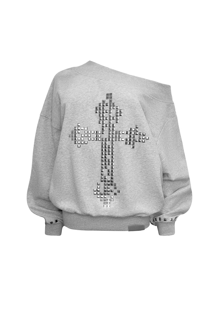 FAITHFUL STUDDED OFF THE SHOULDER SWEATER GREY MARL
