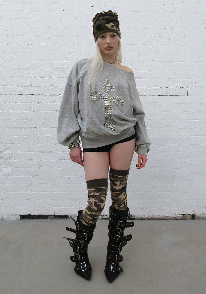 FAITHFUL STUDDED OFF THE SHOULDER SWEATER GREY MARL