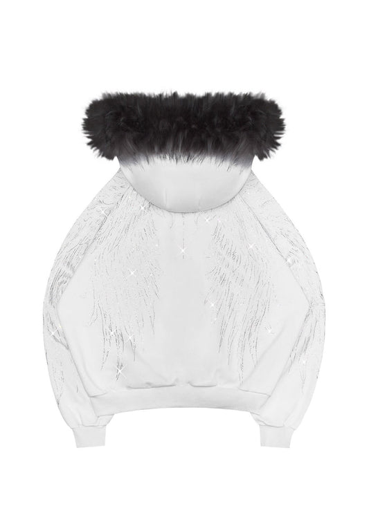 Back view of a white hoodie featuring a detachable black fur trim and an all-over rhinestone wing design.
