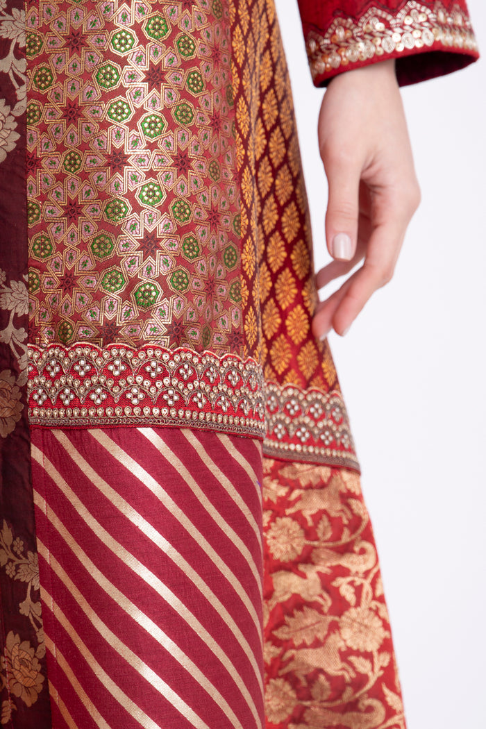 Fayrouz Silk Patchwork Burgundy Dress