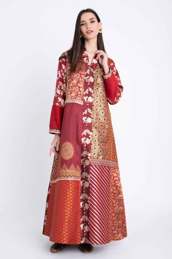 Fayrouz Silk Patchwork Burgundy Dress